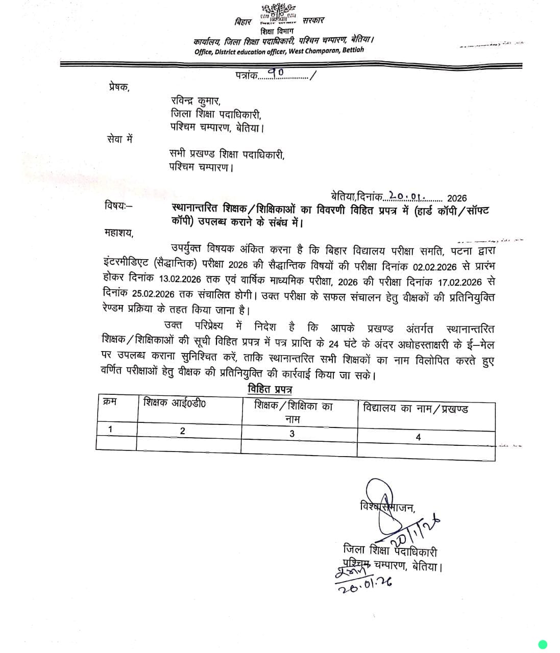 [20.01.2026] [पश्चिम चम्पारण बेतिया ] पश्चिम चंपारण : स्थानान्तरित शिक्षक, शिक्षिकाओं का विवरणी विहित प्रपत्र में (हार्ड कॉपी & सॉफ्ट कॉपी) उपलब्ध कराने के संबंध में।