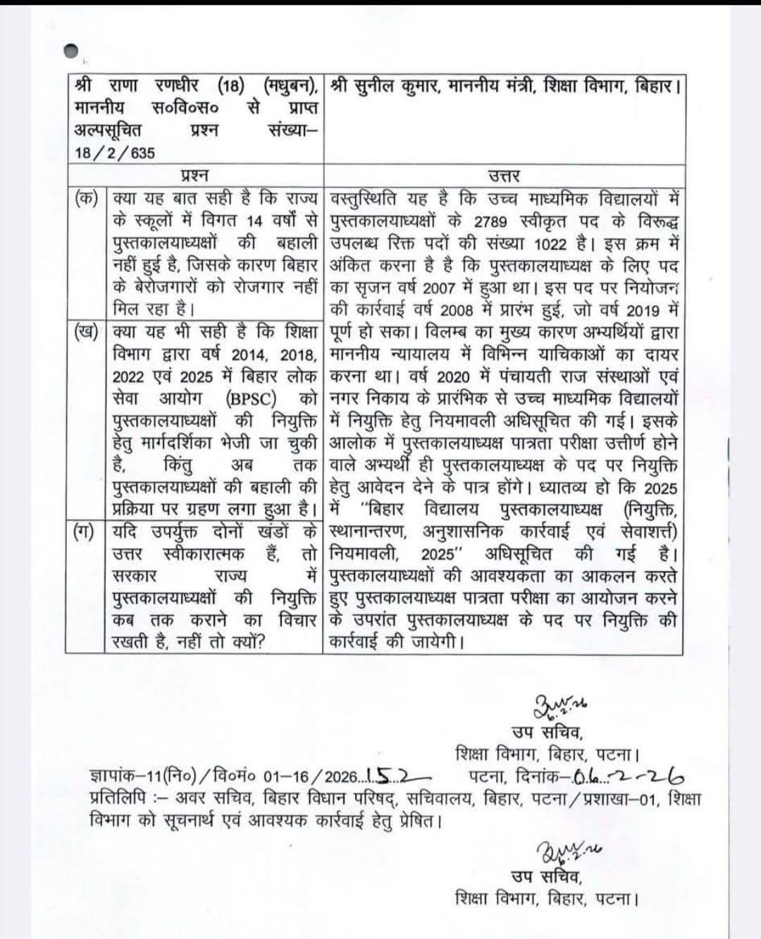 [06.02.2026]पुस्तकालयाध्यक्ष से संबंधित प्रश्न का उत्तर ।
